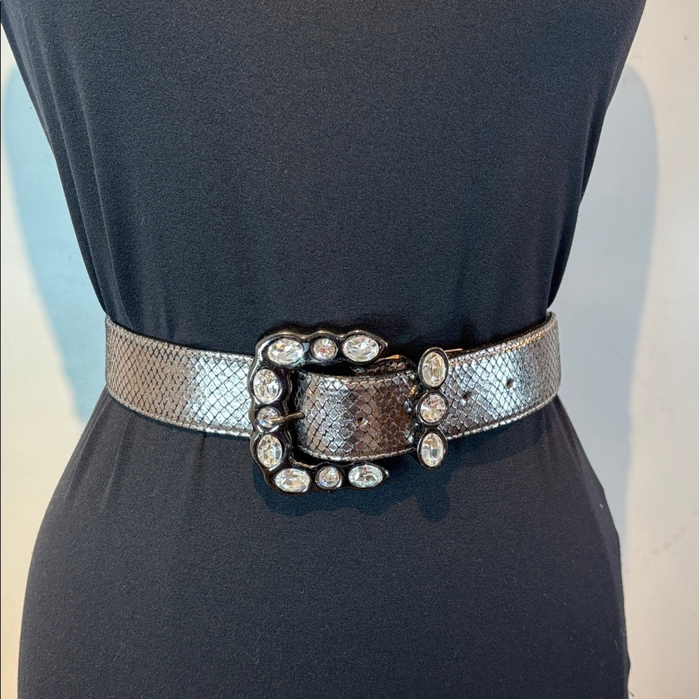 Leatherock silver metallic snake skin print belt rhinestone buckle size large